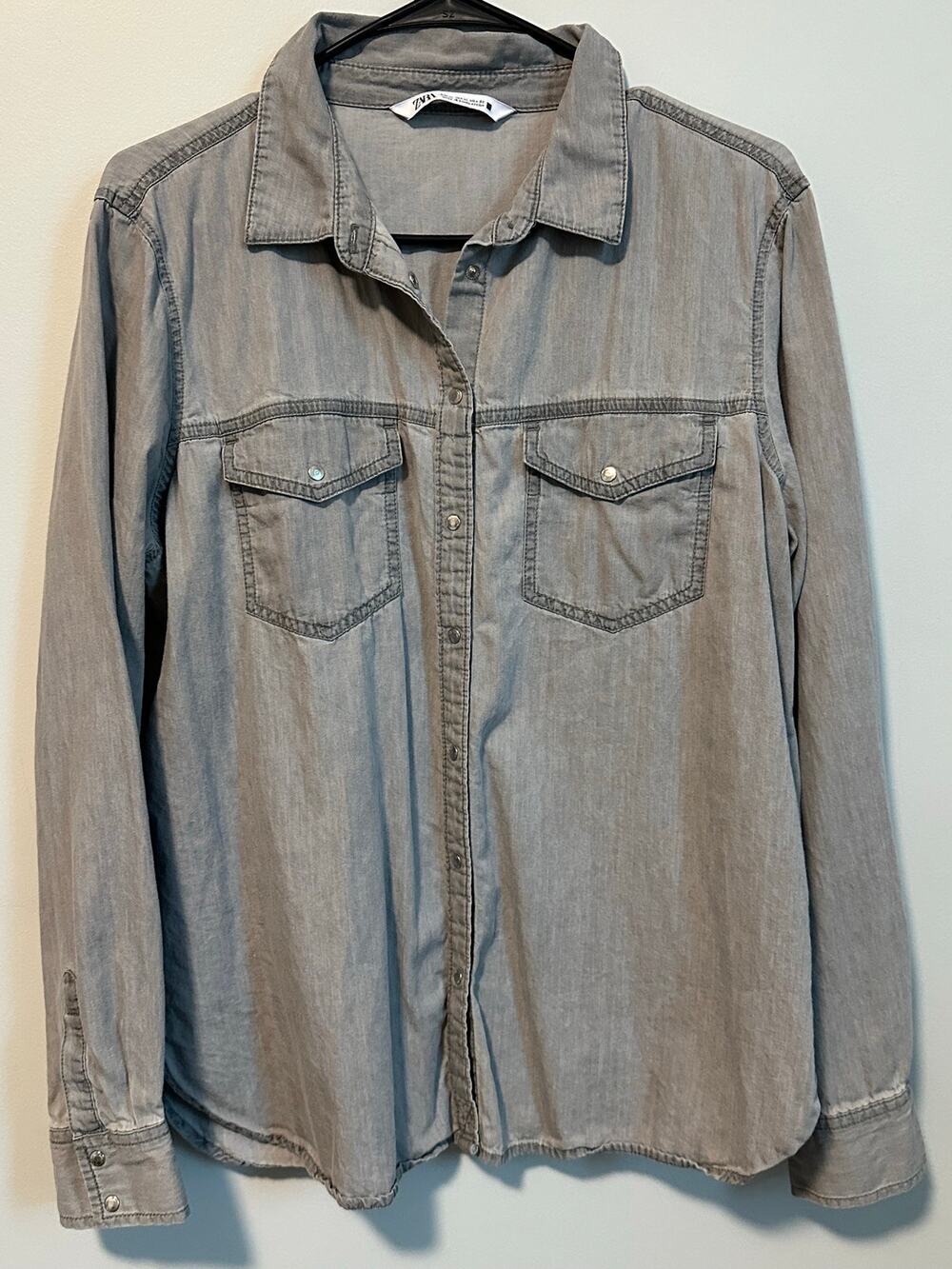 Zara Woman XL Gray Chambray Shirt Snap Button Western Utility Denim Look Top
